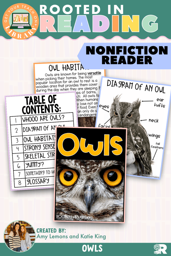 Rooted in Reading Nonfiction Reader: Owls – printable reading classroom resource by Get Your Teach On