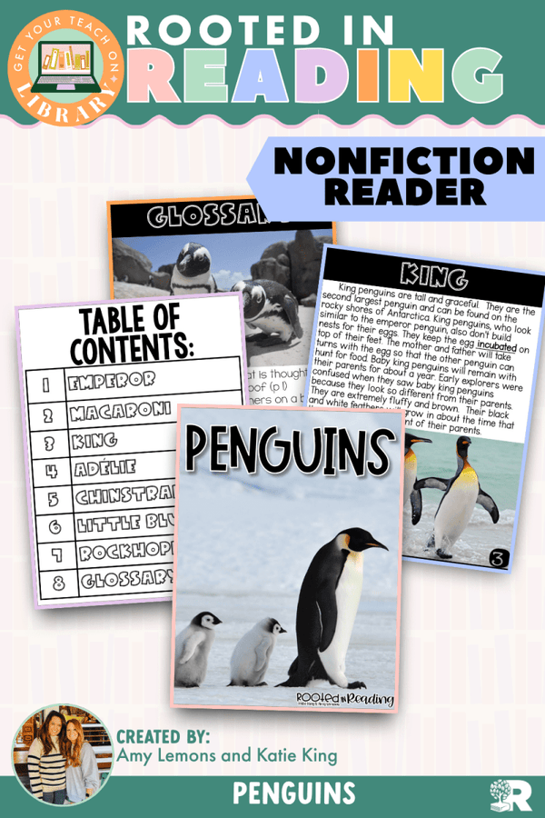 Rooted in Reading Nonfiction Reader: Penguins – printable reading classroom resource by Get Your Teach On