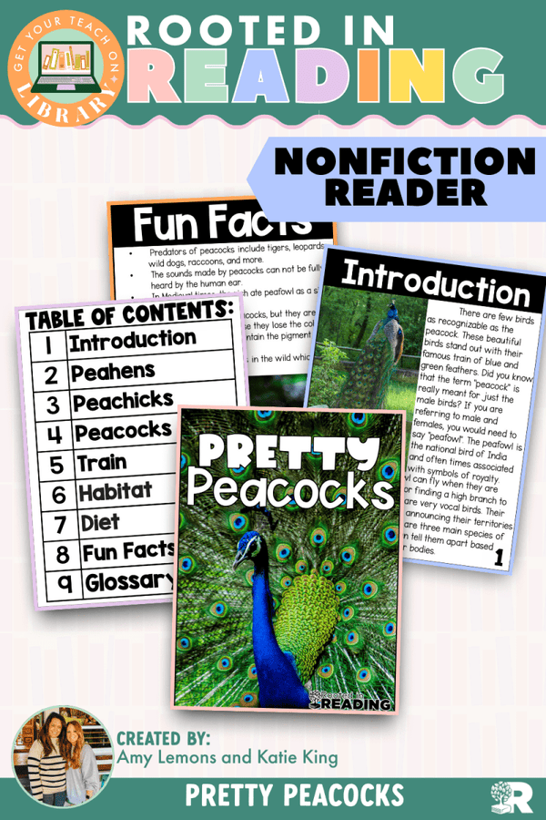 Rooted in Reading Nonfiction Reader: Pretty Peacocks – printable reading classroom resource by Get Your Teach On