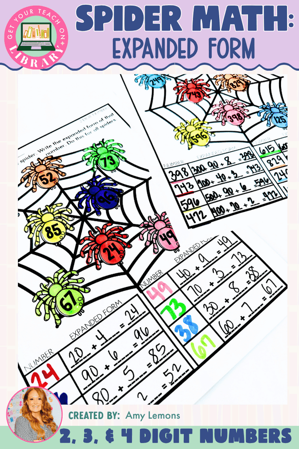 Spider Expanded Form: 2, 3 & 4-Digit Place Value – printable math resource for grades 1–3 by Amy Lemons and Get Your Teach On