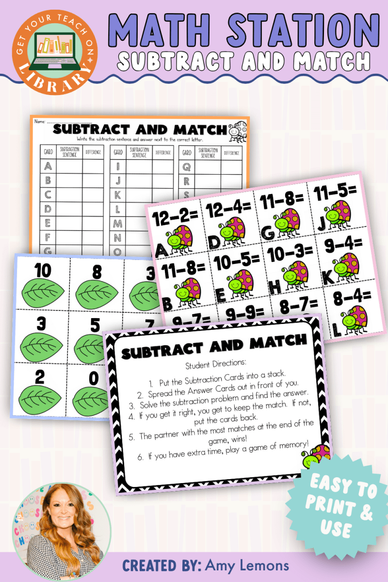 Subtraction Math Station: Match Subtraction Equations and Answers - Shop GYTO - Get Your Teach On