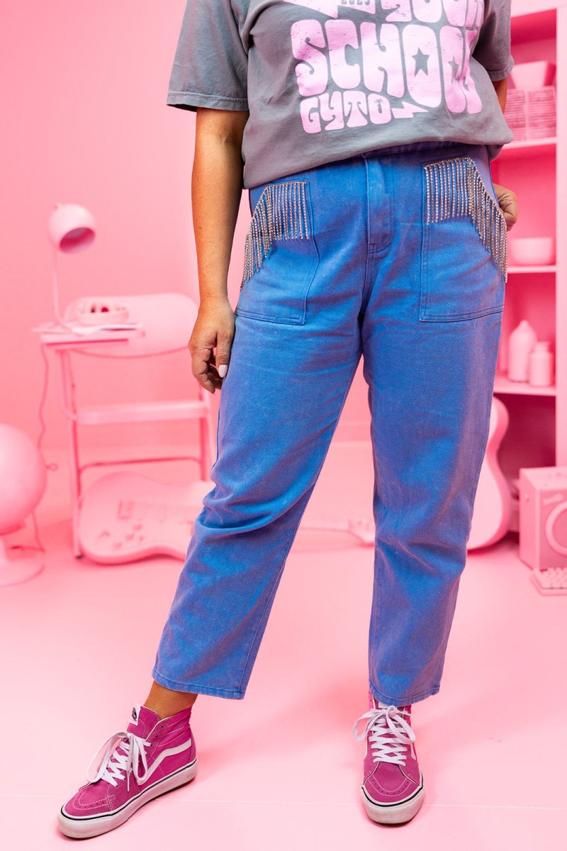 Blue Bejeweled Fringe Pants - GYTO Collective - Get Your Teach On