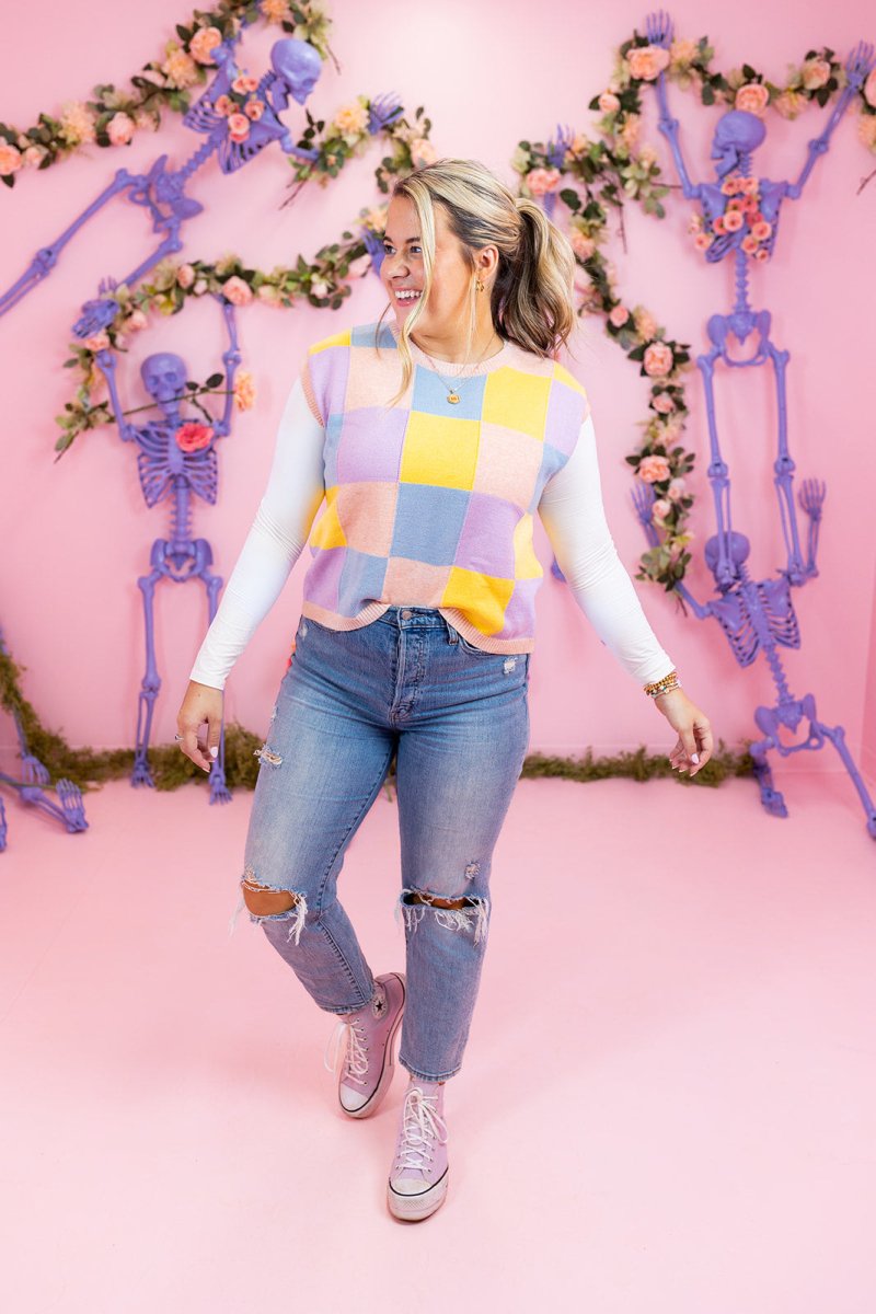 Light Pink Multi Checkered Sweater Vest - GYTO Collective - Get Your Teach On
