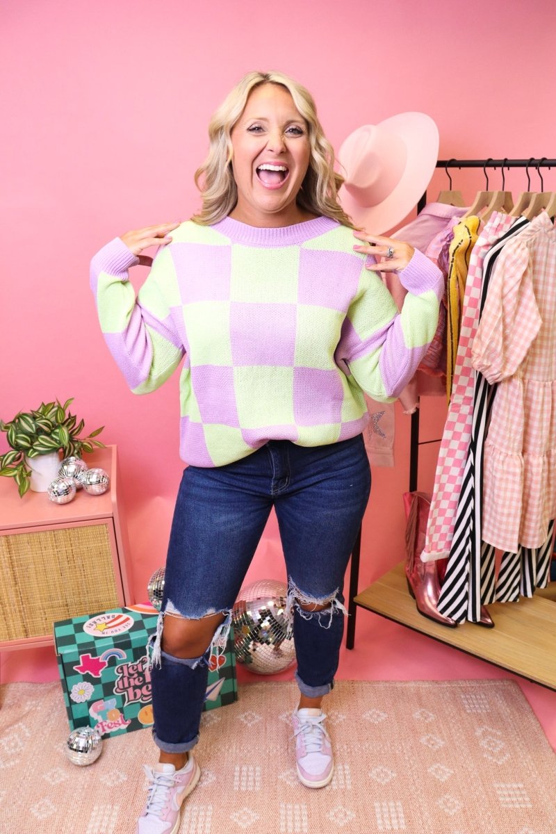 Lilac and Green Checkered Sweater - GYTO Collective - Get Your Teach On