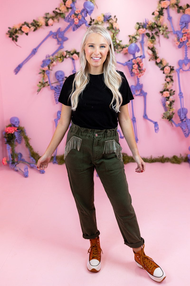 Olive Bejeweled Fringe Pants - GYTO Collective - Get Your Teach On