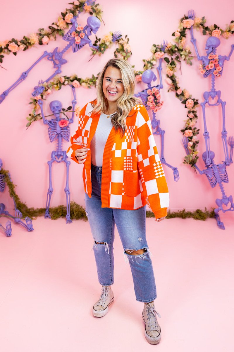 Orange and White Block Knit Cardigan - GYTO Collective - Get Your Teach On