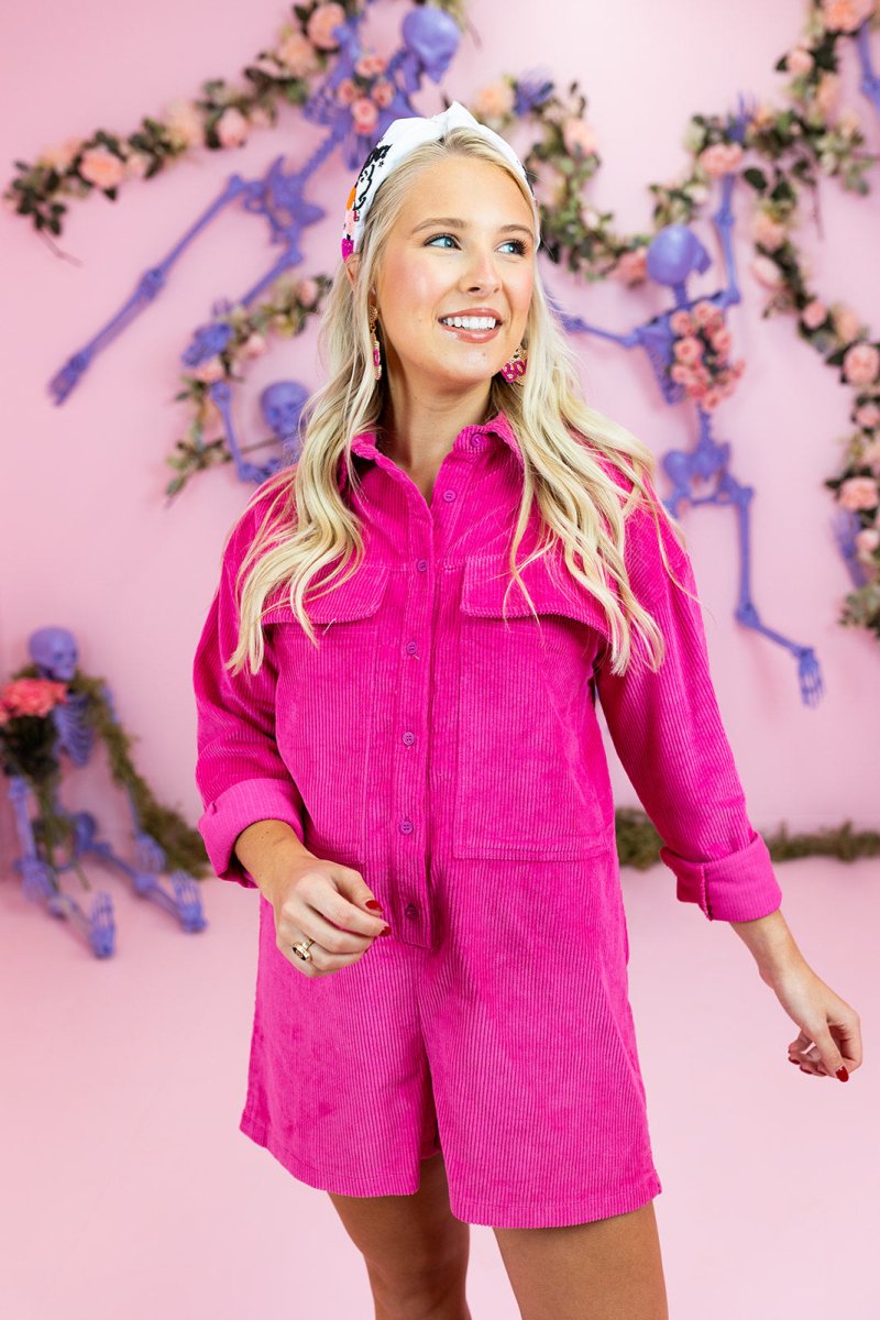 Oversized Hot Pink Corduroy Romper - GYTO Collective - Get Your Teach On