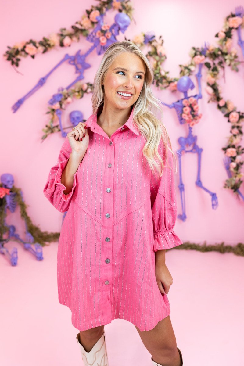 Pink Embellished Sparkle Stone Stripe Denim Dress - GYTO Collective - Get Your Teach On
