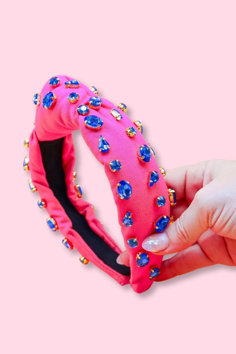 Pink with Blue Rhinestone Beaded Headband - GYTO Collective - Get Your Teach On