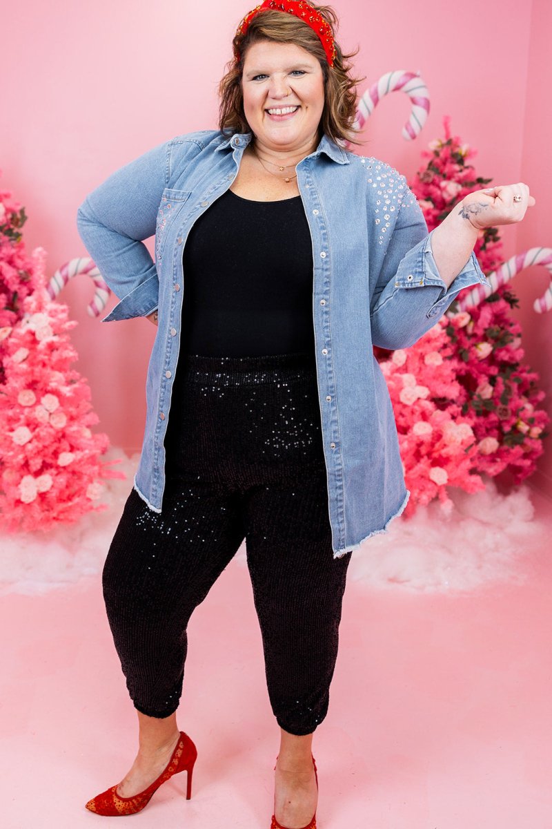 Rhinestone Gem Oversized Denim Shirt - GYTO Collective - Get Your Teach On