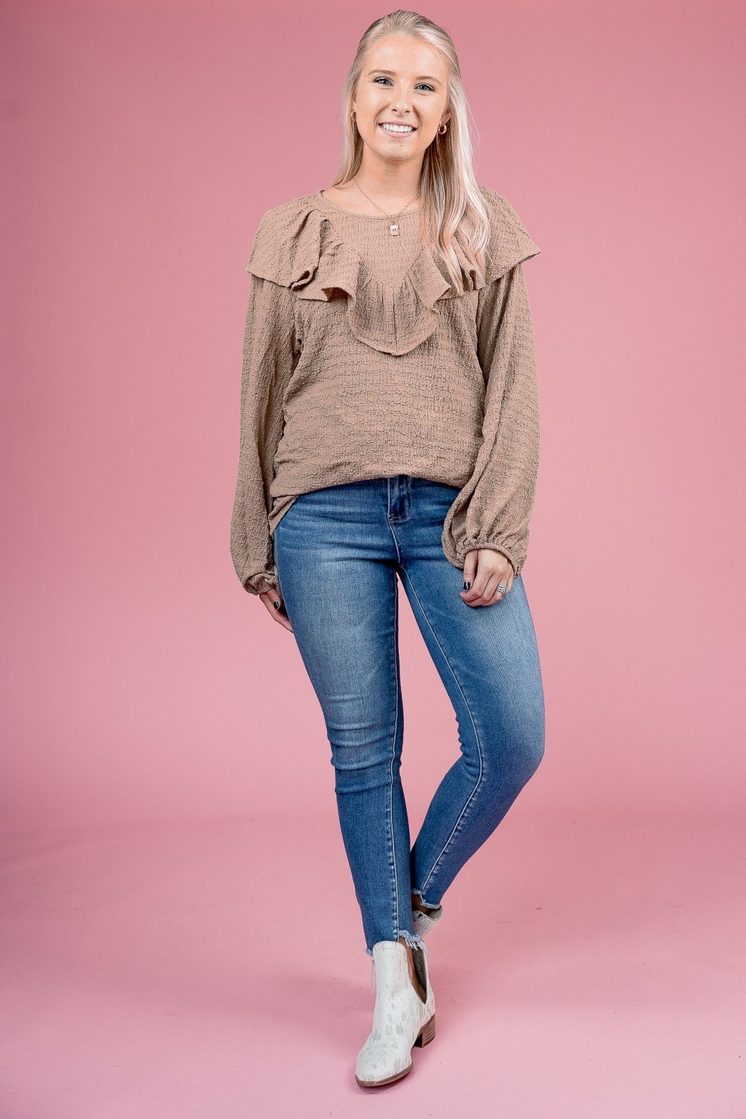 Taupe Ruffle Textured Blouse - GYTO Collective - Get Your Teach On